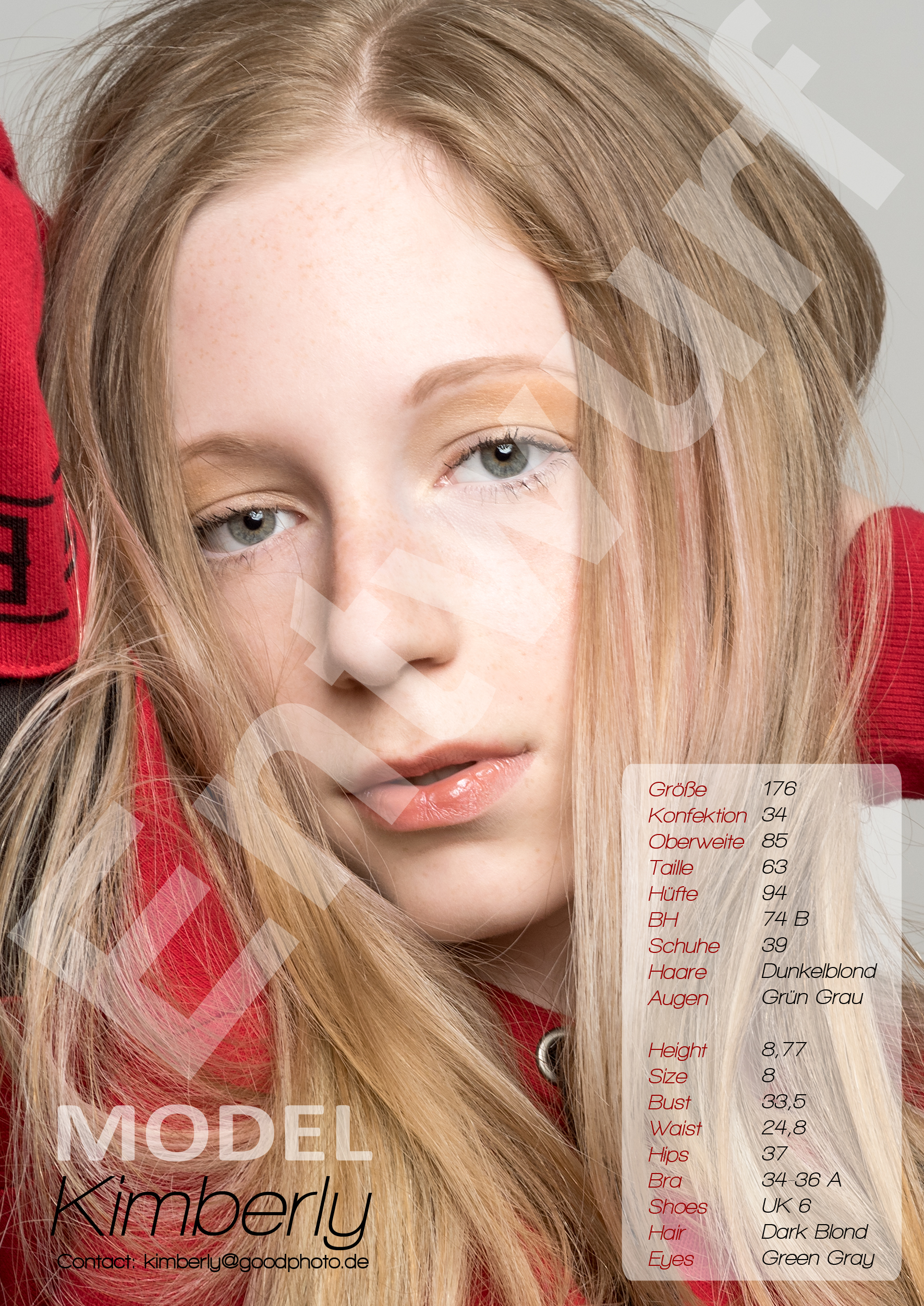 Muster Sedcard von Model Kimberly, Voderseite