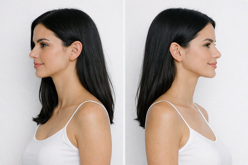 Model Polaroids. Frau schwarzharig, Porträt im Profil links und rechts