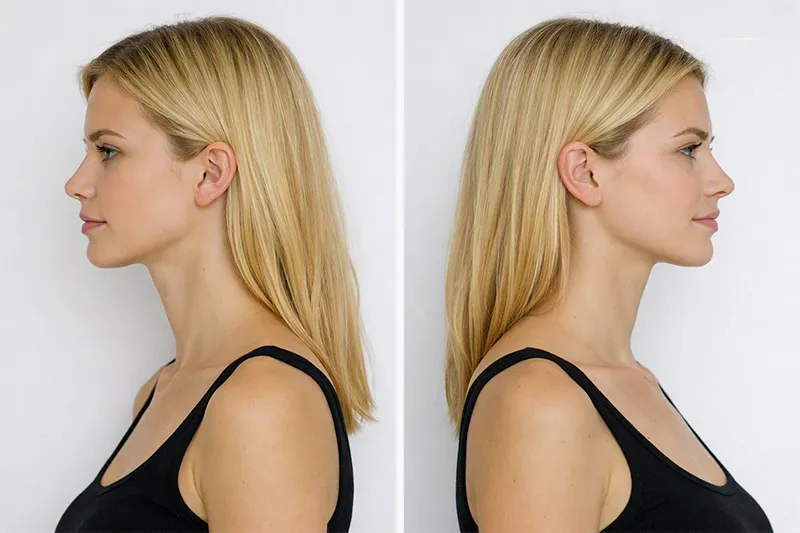 Model Polaroids. Frau blond, Porträt im Profil links und rechts